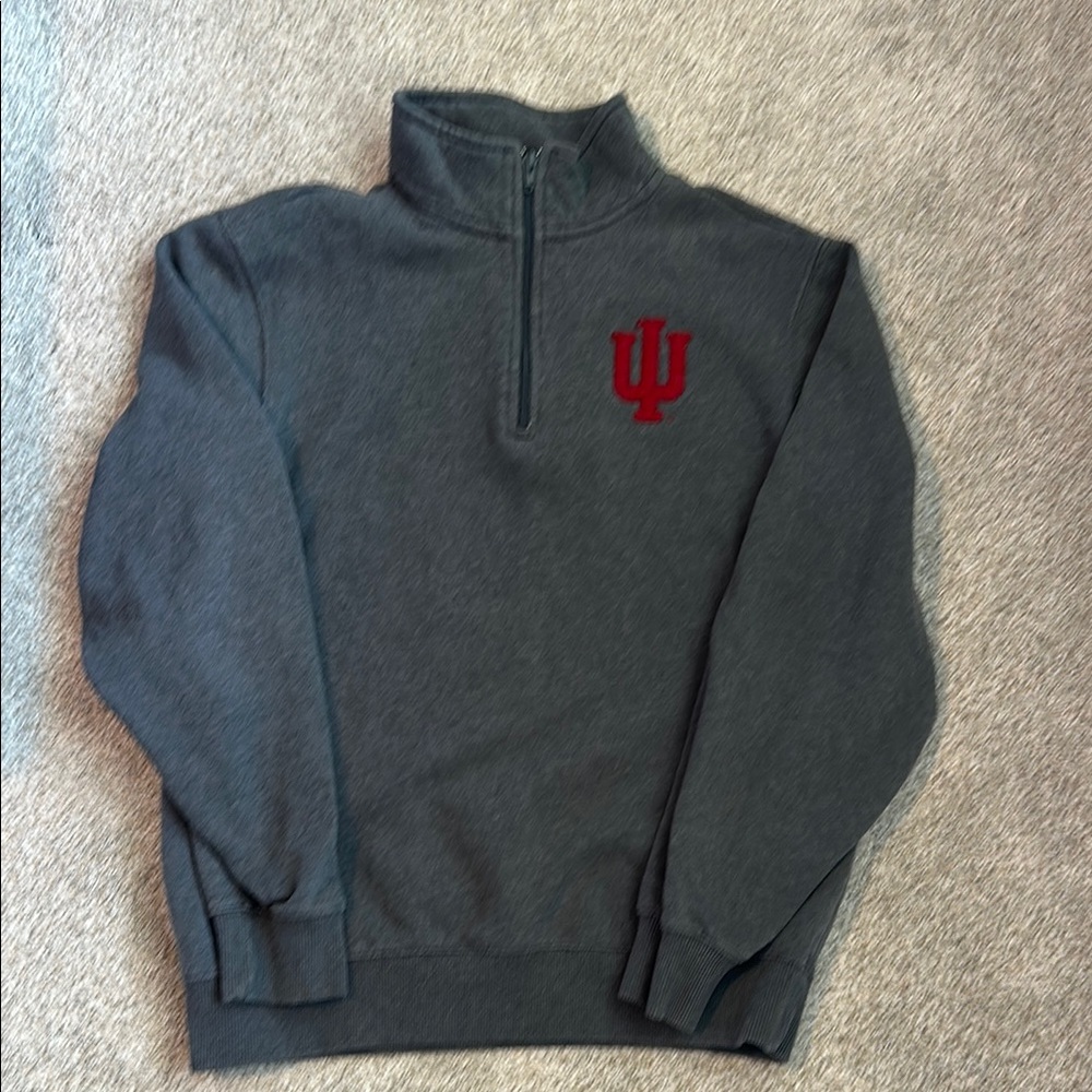 Gray Quarter-Zip Sweater with Red IU Logo